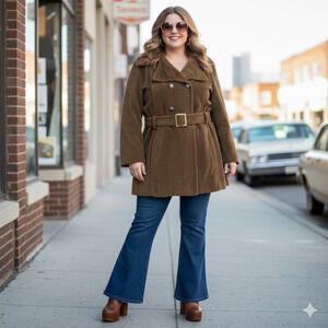 Vintage Sears Corduroy Coat Brown Peacoat Double Breast Rainbow Barn Mod Plus 1X